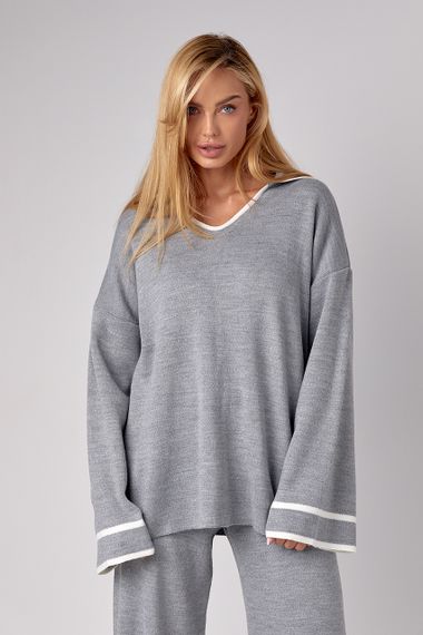 Жіночий костюм oversize з вільними штанами та кофтою-поло - світло-сірий цвет, M (є розміри) | Зображення 2