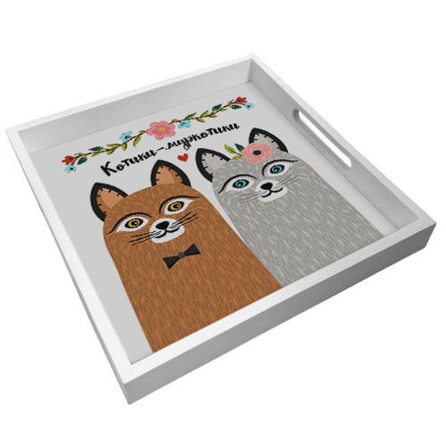 Деревянный поднос с принтом Котики-муркотики 33х33х4 см (PDN_19N006_WH) | Зображення 1