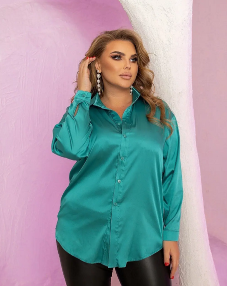 Женская шелковая блуза-рубашка длинная в стиле оверсайз MI544 цвет бирюзовый, размер 42/46 | Зображення 2