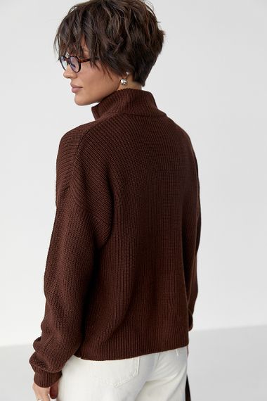 Однотонний в'язаний кардиган із коміром-стійкою - коричневий цвет, ONE SIZE (є розміри) | Зображення 1