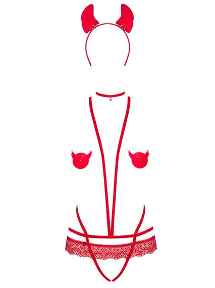 (SALE) Еротичний костюм чортика зі стреп Obsessive Evilia teddy red L/XL, боді, чокер, накладки на соски, о | Зображення 4