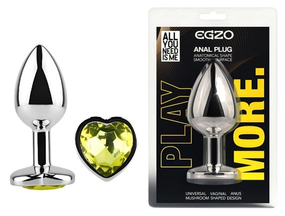 Анальная пробка EGZO Silver Heart Plug M с лаймовым кристаллом, медицинская сталь Sex Aura