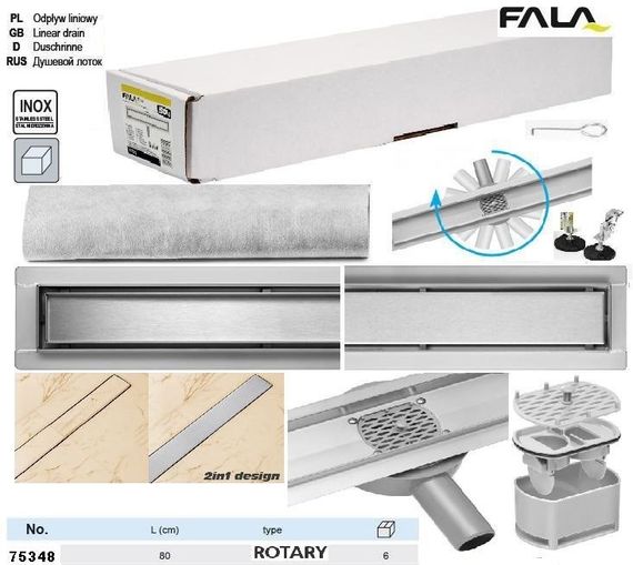 Трап для душу підлоговий ROTARY нержавійка 80 см поворотний сифон FALA-75348
