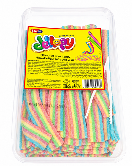 Мармеладні стрічки кислі Jellopy Райдуга 1.5 кг, желейні пластинки-ремінці Saadet в коробці мікс | Зображення 1