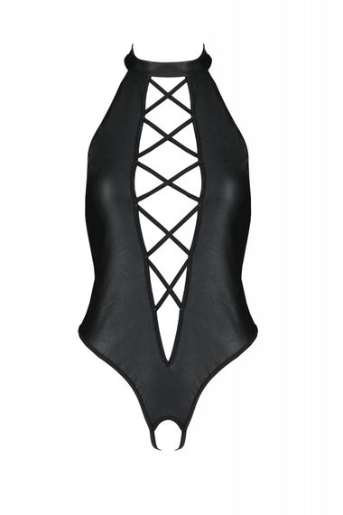 Боді з екошкіри Passion Nancy Body 4XL/5XL black, з імітацією шнурівки та відкритим доступом, 6XL/7XL | Зображення 2