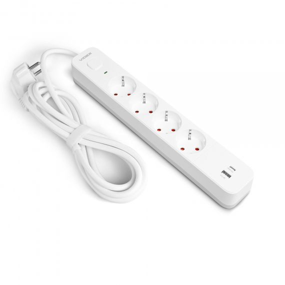 Мережевий подовжувач VIDEX ONCORD з/з 4п 3м (3x1.5мм) 3.4А USB(QC3.0) +USB-C(PD20W) з кнопкою White | Зображення 1