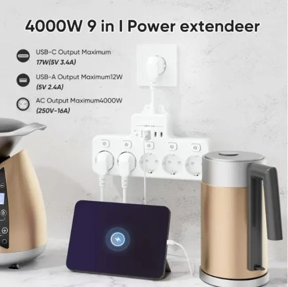 Розетка 9-в-1 європейського стилю з вимикачем, зарядним пристроєм USB та вогнестійкою/вибухозахищеною конструкцією для кухні, | Зображення 2