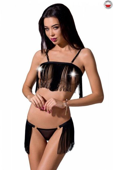 Комплект білизни Passion Exclusive KASSANDRA SET OpenBra L/XL black, ліф з бахроми, трусики-спідниця Sex Aura