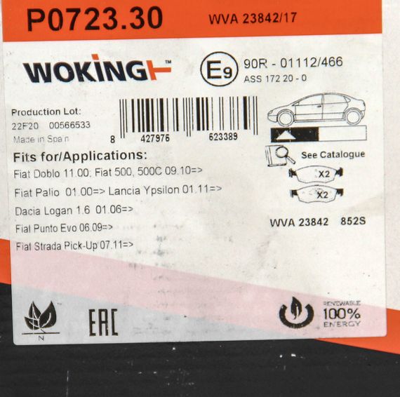 Колодки передні гальмівні Fiat DOBLO (119) (2001 — 2010), WOKING (P072330) | Зображення 1