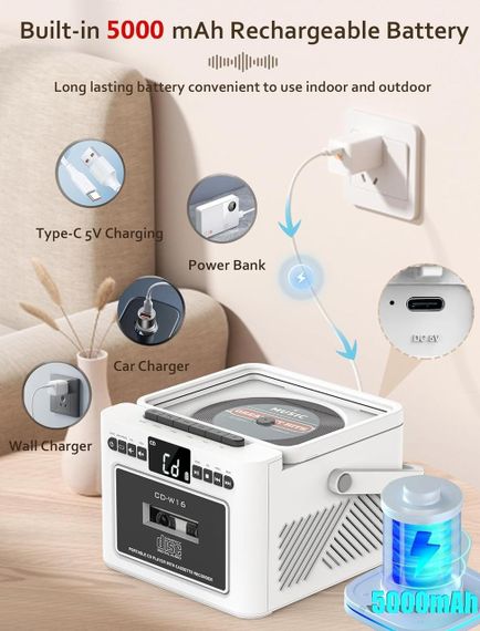 CD плеєр портативний перезаряджуваний Boombox із касетним плеєром, Bluetooth Boombox з акумулятором 5000 мА·год | Зображення 6