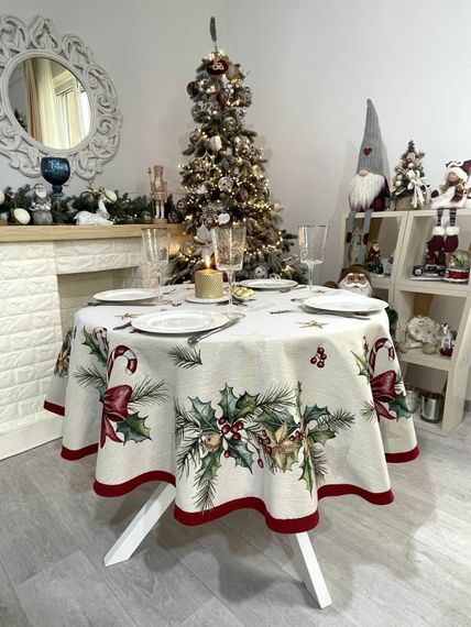 Скатертина гобеленова CASCABEL Limaso, Ø160, Кругла, Новорічний, Срібний люрекс, 60% поліестер, 24% бавовна, 16% акрил, Гобелен