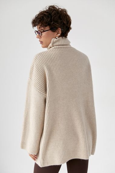 Тепла в'язана туніка в рубчик - бежевий цвет, ONE SIZE (є розміри) | Зображення 1