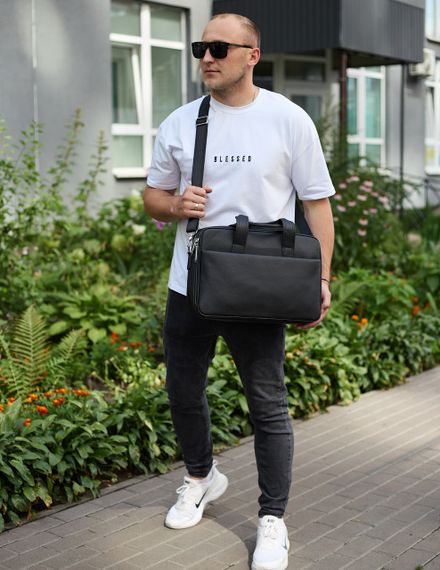 Чоловічий портфель на плече 40х28х10, офісний шкіряний месенджер, чоловіча ділова сумка для міста, чорний | Зображення 7