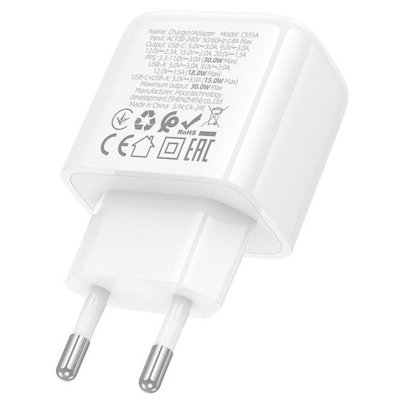 СЗУ 110-240V HOCO CS55A, 1xUSB, 1xUSB-C, PD30W, White, OEM | Зображення 4