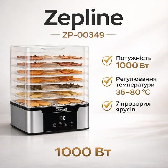 Сушилка для овощей, фруктов, мяса и рыбы Zepline ZP-00349, 1000 Вт, 7 ярусов, регулировка температуры 35–80 °C