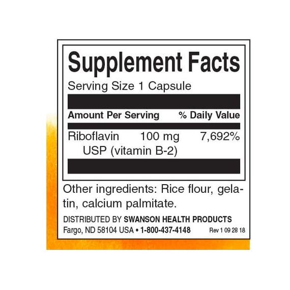 Рибофлавин Swanson Riboflavin Vitamin B-2 100 mg 100 Caps | Зображення 1