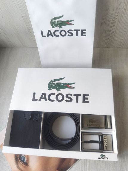 Чоловічий шкіряний подарунковий набір Lacoste двосторонній ремінь black/brown з двома пряжками і гаманець | Зображення 4