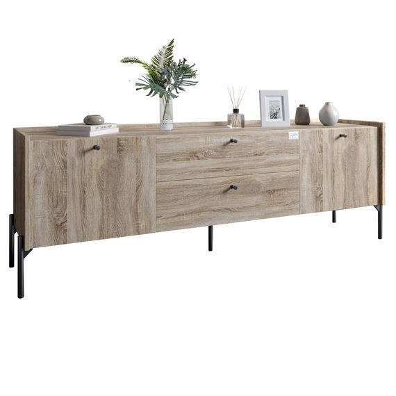 Тумба під телевізор з шухлядами LION Wood з чорними ніжками 180х50х40 см Дуб Сонома Трюфель (LION-043130) | Зображення 1