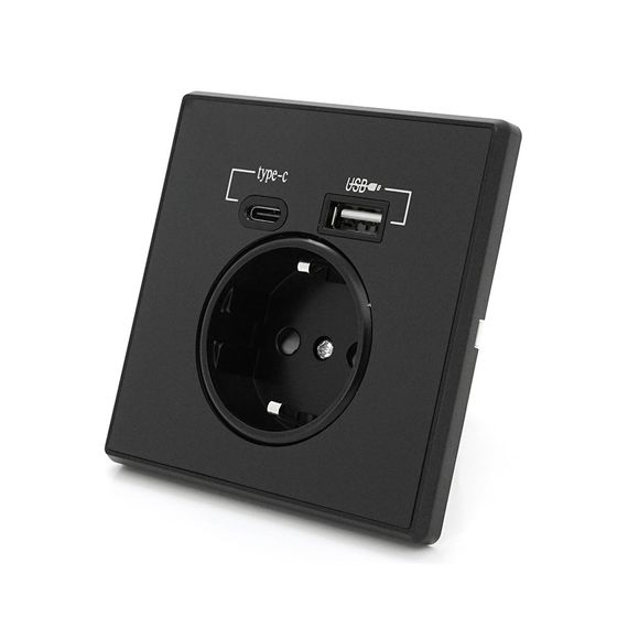 Розетка врізна із заземленням, Input: AC:110-250V/16A, Type-C/USB-виходи, Black