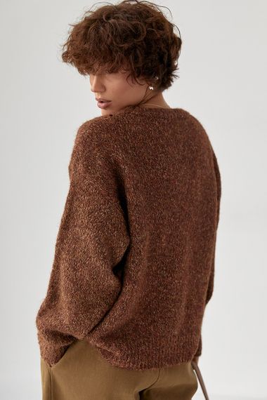 В'язана вільна кофта меланж - коричневий цвет, ONE SIZE (є розміри) | Зображення 1