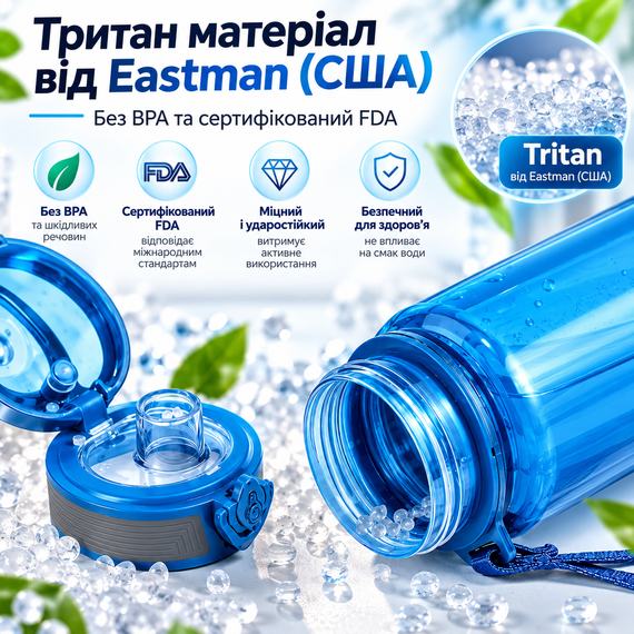 Бутылка для воды KANGZYUAN 500 мл голубая спортивная из тритана Tritan без BPA ударопрочная с герметичной крышкой | Зображення 9