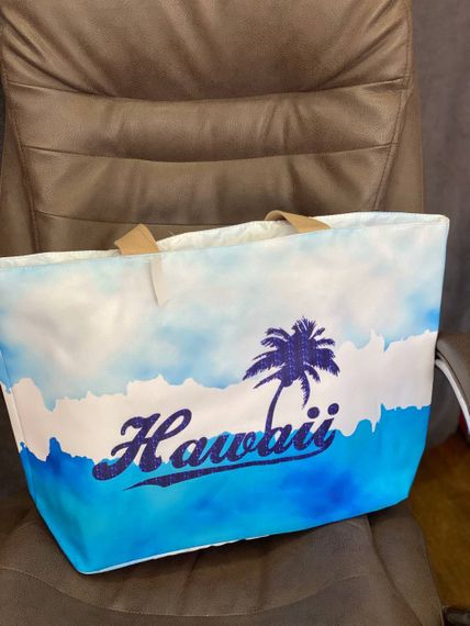 Женская большая пляжная сумка с пальмой одно отделение на молнии AV011 размер 50/35, голубая | Зображення 2