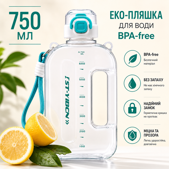 Спортивная бутылка ST-YIBEN (750 мл) - Эко-пластик BPA-free, Белая с бирюзовыми акцентами | Зображення 5