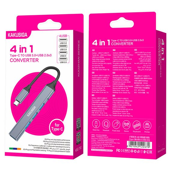 Концентратор конвертер USB Hub Kakusiga KSC-752 Type-C на 4 порти USB 3.0 / USB 2.0x3 | Зображення 6