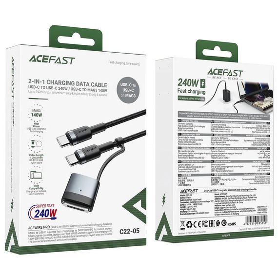Дата кабель Acefast C22-05 2in1 Type-C to Type-C 240W/MAG3 140W (1.2m) Black | Зображення 3