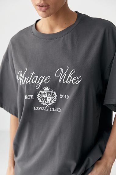 Оверсайз футболка з вишитими написами - темно-сірий цвет, ONE SIZE (є розміри) | Зображення 3