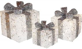 Набір декоративних подарунків - 3 коробки 20см, 25см, 30см з LED-підсвічуванням, білий зі срібним КОПІЯ
