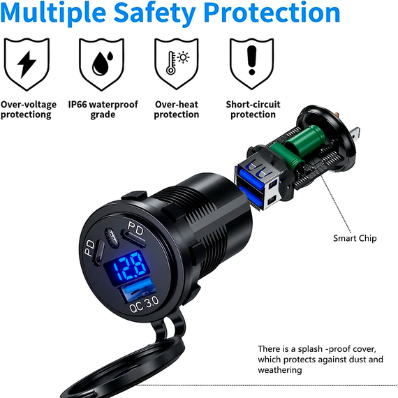 Автомобильная врезная быстрая зарядка USB QC 3.0 с вольтметром и двумя TYPE-C (DS2013-P28) | Зображення 3