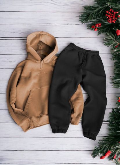 Женский теплый спортивный костюм на флисе DA2455 размер XS цвет бежево-черный