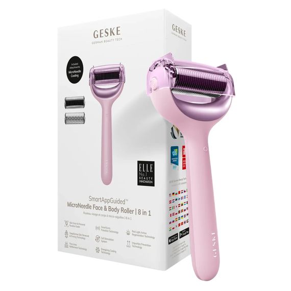 Электронный роллер для лица и тела с микроиглами GESKE MicroNeedle Face&Body Roller 8в1 gray, Розовый