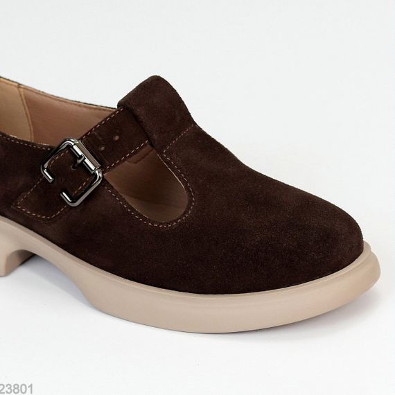 Замшеві демі туфлі на ремінці натуральна замша низький хід колір Шоколад | Зображення 6