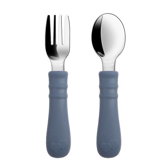 Приборы металлические детские ложка и вилка с силиконовыми ручками Синие