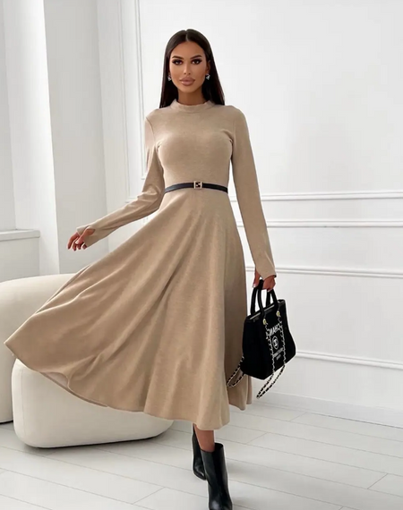 Женское длинное красивое платье солнце-клеш трикотажное MI693 цвет мокко, размер 54/56