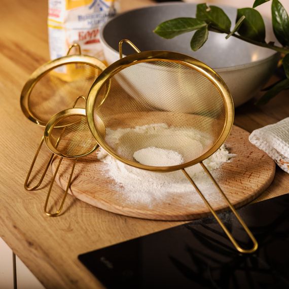 Набір ситечок 3 штуки для чаю, круп і борошна 8,14 і 20 см  з нержавіючої сталі Золотистий HP-19-21 | Зображення 5