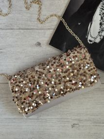 Клатч женский бежевый с пайетками и цепочкой 20*10*4см (3350)