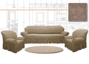 Жаккардовый чехол на диван + 2 кресла Volna с юбкой, песочный