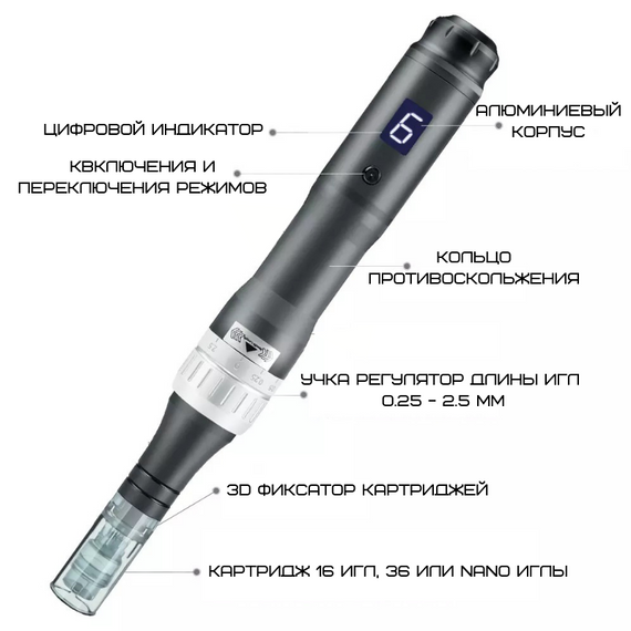 Дермапен Dr. Pen 6 Режимів + 2 Насадки Дермаштамп Для Фракційної Мезотерапії Електричний Мезороллер Для Обличчя M8 Сірий | Зображення 5