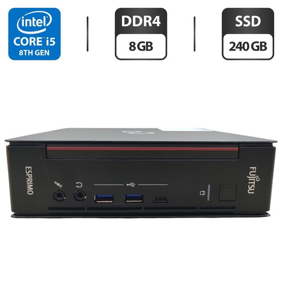 Неттоп Fujitsu Esprimo Q958 Mini USFF / Intel Core i5-8500T (6 ядер по 2.1 - 3.5 GHz) / 8 GB DDR4 / 240 GB SSD / Intel UHD Graphics 630 / Кабель питания б/у