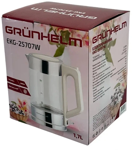 Электрочайник Grunhelm EKG-25707W 1,7 л закаленное стекло скрытый нагревательный элемент LED-подсветка 2200 Вт Белый | Зображення 9
