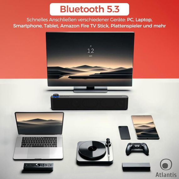 Саундбар Atlantis с Bluetooth 5.3, FM-радио, аккумулятором 2400 мАч портативная колонка для ПК телевизора 20Вт | Зображення 5