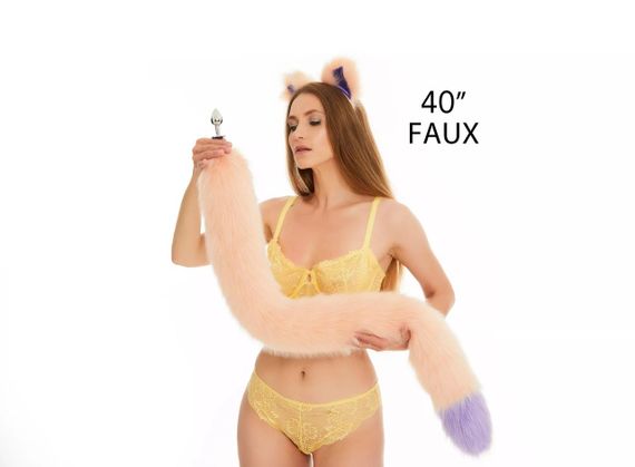 Анальний хутряний хвіст без пробки, Персиковий з фіолетовим кінчиком, OKOVA 100 см. Sex Aura