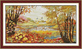 Набор для вышивания по нанесённой на канву схеме "Beautiful view of lake (2)". AIDA 14CT printed 50*30 см