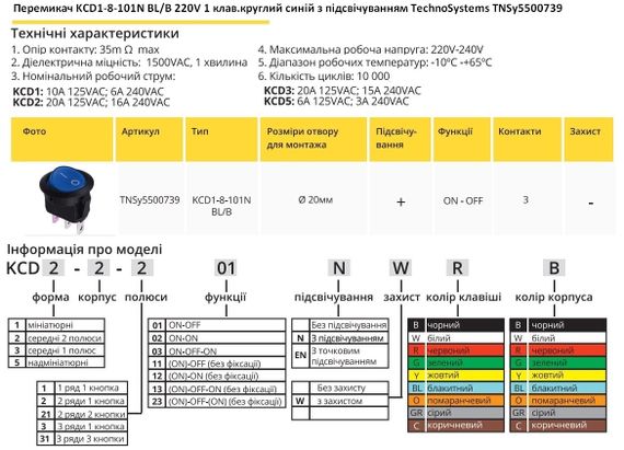 Перемикач KCD1-8-101N BL/B 220V 1 клавіша синій кругла клавіша з підсвічуванням Ny95500739 | Зображення 1