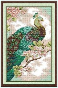 Набор для вышивания по нанесённой на канву схеме "Green Peacock". AIDA 14CT printed 30*46 см