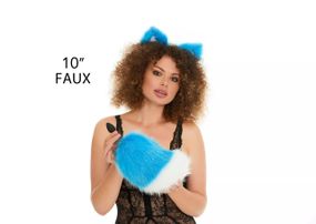 Анальний хутряний хвіст без пробки, Яскраво-синій з білим кінчиком, OKOVA Sex Aura