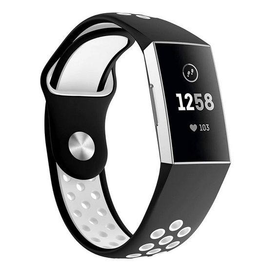 Силіконовий ремінець з перфорацією для фітнес браслета Fitbit Charge 3 / 4 - Black&White / розмір L | Зображення 1